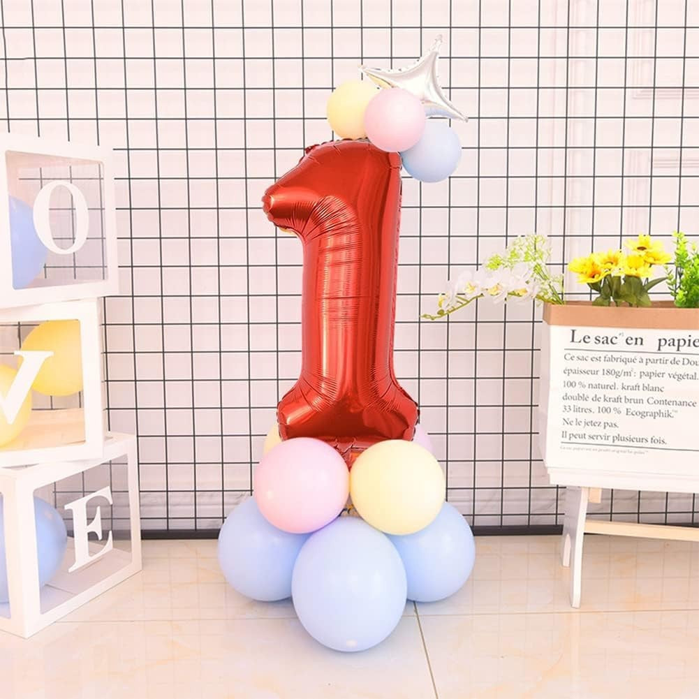 Balon din Folie Metalizata, Figurina Cifra, Tema Aniversare 100 cm, Ambalaj Individual, Pai inclus, Umflare cu Aer sau Heliu, Rosu, Cifra 1