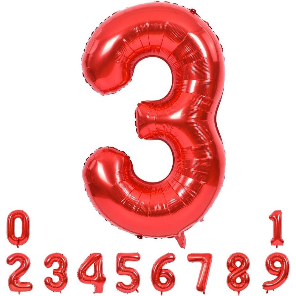 Balon din Folie Metalizata, Figurina Cifra, Tema Aniversare 100 cm, Ambalaj Individual, Pai inclus, Umflare cu Aer sau Heliu, Rosu, Cifra 3
