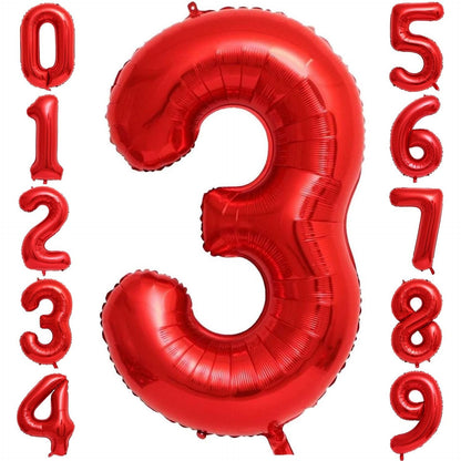 Balon din Folie Metalizata, Figurina Cifra, Tema Aniversare 100 cm, Ambalaj Individual, Pai inclus, Umflare cu Aer sau Heliu, Rosu, Cifra 3