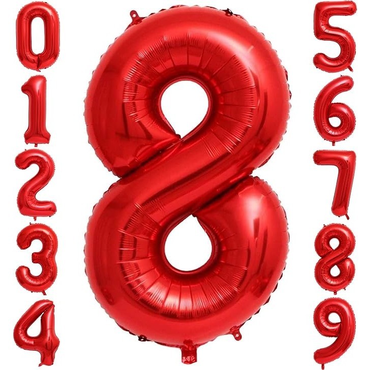 Balon din Folie Metalizata, Figurina Cifra, Tema Aniversare 100 cm, Ambalaj Individual, Pai inclus, Umflare cu Aer sau Heliu, Rosu, Cifra 8