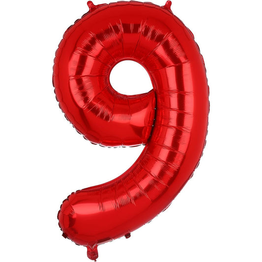 Balon din Folie Metalizata, Figurina Cifra, Tema Aniversare 100 cm, Ambalaj Individual, Pai inclus, Umflare cu Aer sau Heliu, Rosu, Cifra 9