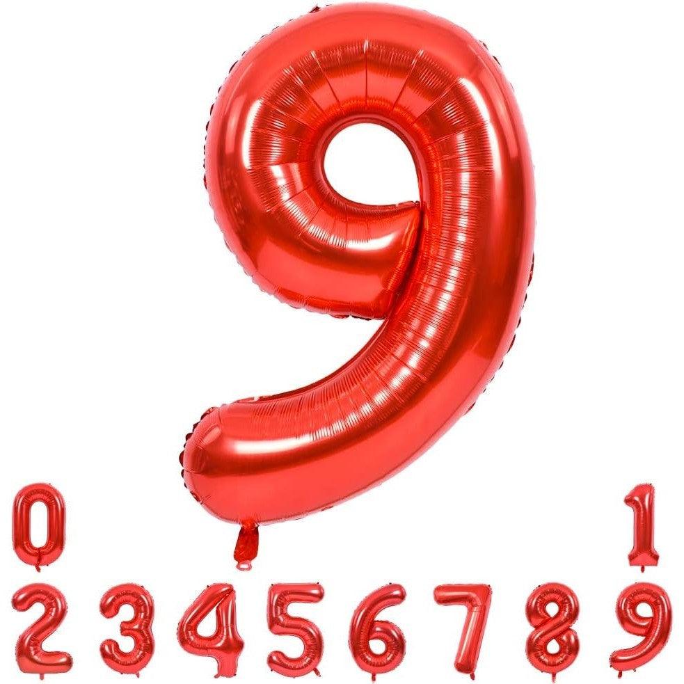 Balon din Folie Metalizata, Figurina Cifra, Tema Aniversare 100 cm, Ambalaj Individual, Pai inclus, Umflare cu Aer sau Heliu, Rosu, Cifra 9