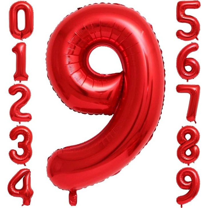 Balon din Folie Metalizata, Figurina Cifra, Tema Aniversare 100 cm, Ambalaj Individual, Pai inclus, Umflare cu Aer sau Heliu, Rosu, Cifra 9