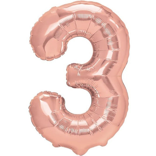 Balon din Folie Metalizata, Figurina Cifra, Tema Aniversare 100 cm, Ambalaj Individual, Pai inclus, Umflare cu Aer sau Heliu, Coral, Rose Gold, Cifra 3