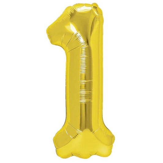Balon din Folie Metalizata, Figurina Cifra, Tema Aniversare 100 cm, Ambalaj Individual, Pai inclus, Umflare cu Aer sau Heliu, Auriu, Cifra 1