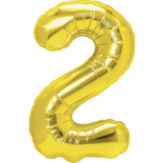 Balon din Folie Metalizata, Figurina Cifra, Tema Aniversare 100 cm, Ambalaj Individual, Pai inclus, Umflare cu Aer sau Heliu, Auriu, Cifra 2