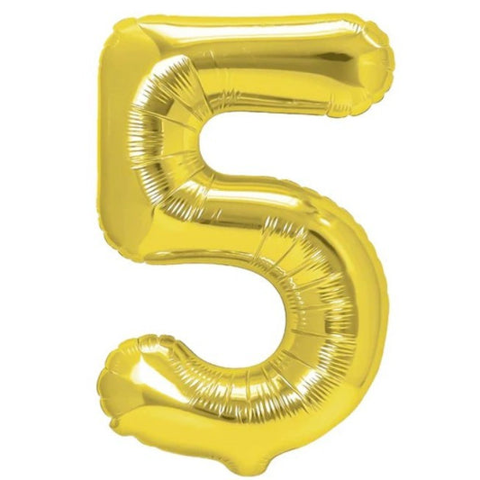 Balon din Folie Metalizata, Figurina Cifra, Tema Aniversare 100 cm, Ambalaj Individual, Pai inclus, Umflare cu Aer sau Heliu, Auriu, Cifra 5
