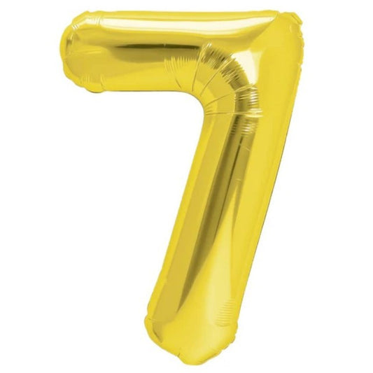 Balon din Folie Metalizata, Figurina Cifra, Tema Aniversare 100 cm, Ambalaj Individual, Pai inclus, Umflare cu Aer sau Heliu, Auriu, Cifra 7