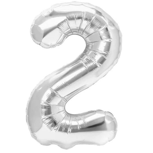 Balon din Folie Metalizata, Figurina Cifra, Tema Aniversare 100 cm, Ambalaj Individual, Pai inclus, Umflare cu Aer sau Heliu, Argintiu, Cifra 2