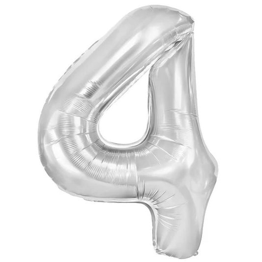 Balon din Folie Metalizata, Figurina Cifra, Tema Aniversare 100 cm, Ambalaj Individual, Pai inclus, Umflare cu Aer sau Heliu, Argintiu, Cifra 4