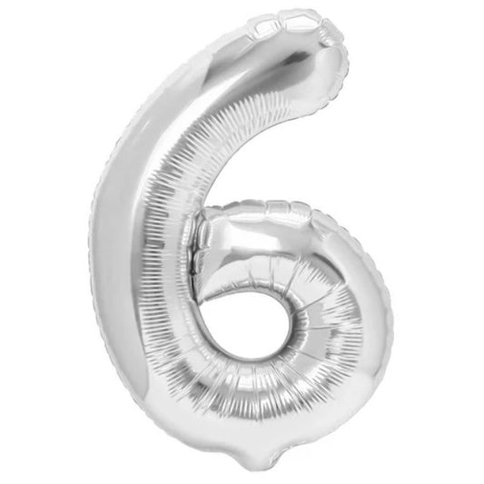 Balon din Folie Metalizata, Figurina Cifra, Tema Aniversare 100 cm, Ambalaj Individual, Pai inclus, Umflare cu Aer sau Heliu, Argintiu, Cifra 6
