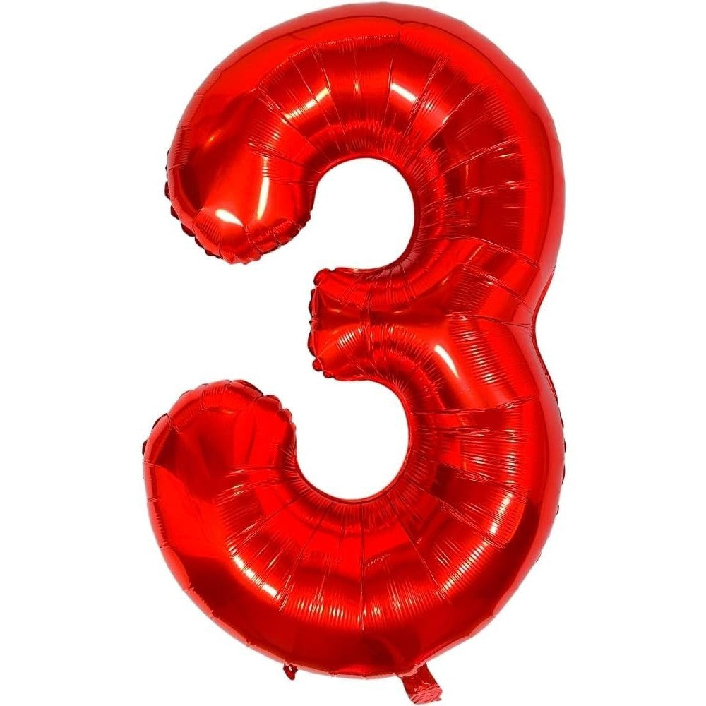 Balon din Folie Metalizata, Figurina Cifra, Tema Aniversare 100 cm, Ambalaj Individual, Pai inclus, Umflare cu Aer sau Heliu, Rosu, Cifra 3