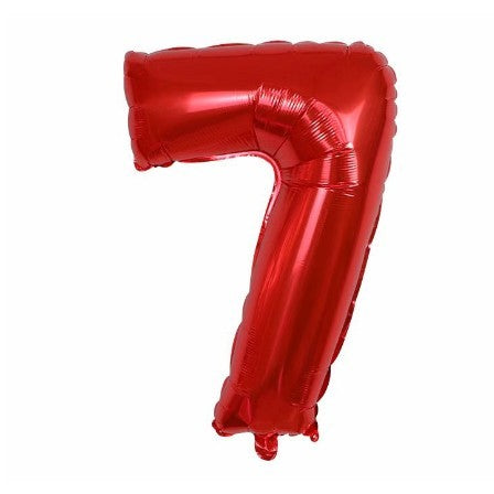 Balon din Folie Metalizata, Figurina Cifra, Tema Aniversare 100 cm, Ambalaj Individual, Pai inclus, Umflare cu Aer sau Heliu, Rosu, Cifra 7
