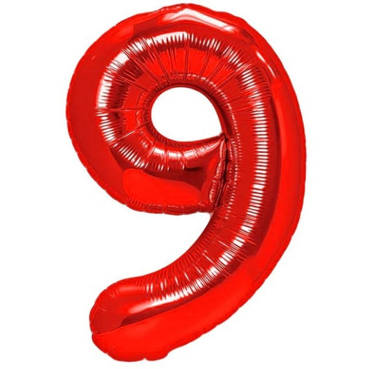 Balon din Folie Metalizata, Figurina Cifra, Tema Aniversare 100 cm, Ambalaj Individual, Pai inclus, Umflare cu Aer sau Heliu, Rosu, Cifra 9