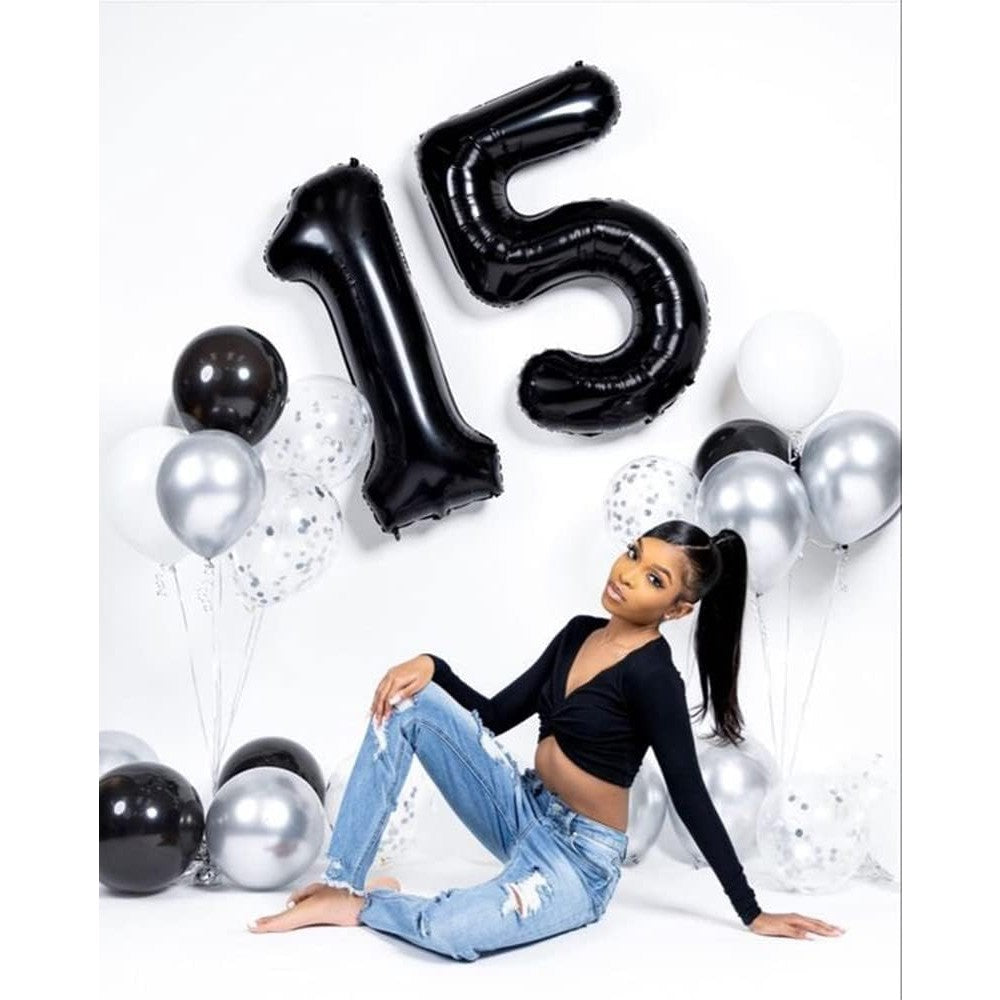 Balon din Folie Metalizata, Figurina Cifra, Tema Aniversare 40 cm, Ambalaj Individual, Pai inclus, Umflare cu Aer sau Heliu, Negru, Cifra 1
