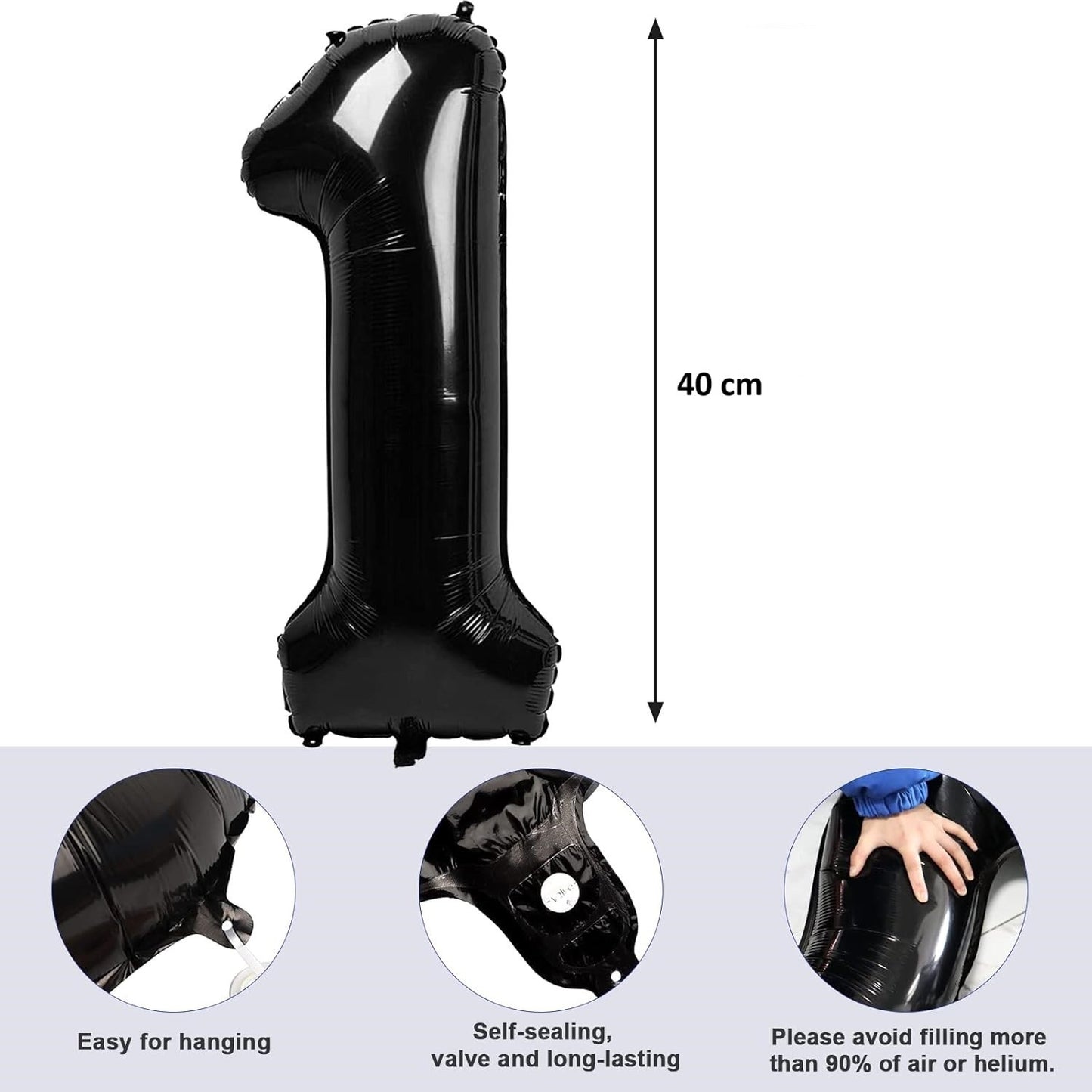 Balon din Folie Metalizata, Figurina Cifra, Tema Aniversare 40 cm, Ambalaj Individual, Pai inclus, Umflare cu Aer sau Heliu, Negru, Cifra 1