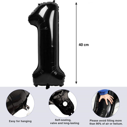 Balon din Folie Metalizata, Figurina Cifra, Tema Aniversare 40 cm, Ambalaj Individual, Pai inclus, Umflare cu Aer sau Heliu, Negru, Cifra 1