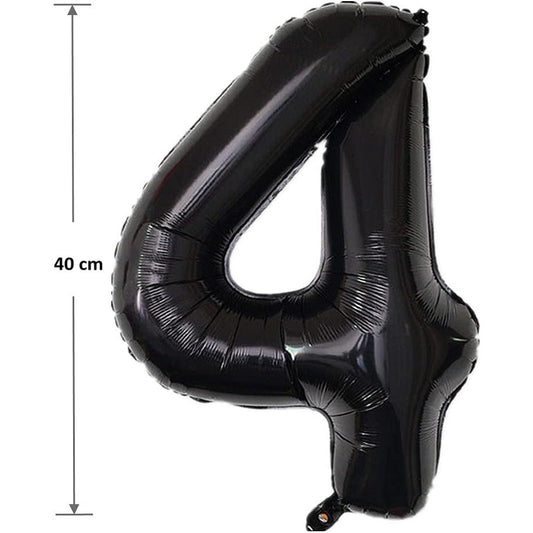 Balon din Folie Metalizata, Figurina Cifra, Tema Aniversare 40 cm, Ambalaj Individual, Pai inclus, Umflare cu Aer sau Heliu, Negru, Cifra 4