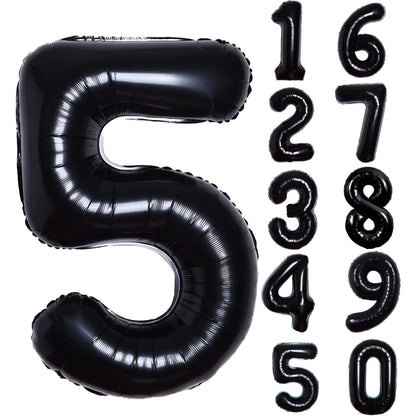 Balon din Folie Metalizata, Figurina Cifra, Tema Aniversare 40 cm, Ambalaj Individual, Pai inclus, Umflare cu Aer sau Heliu, Negru, Cifra 5