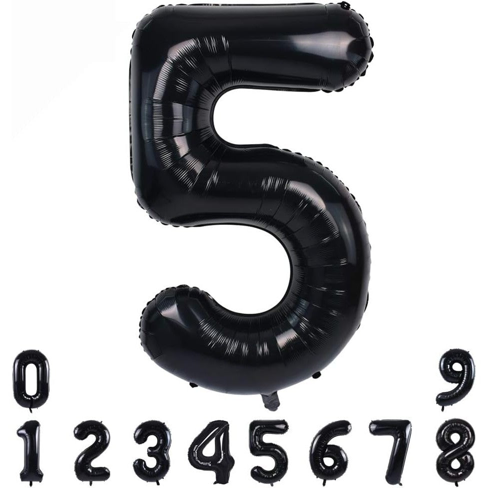 Balon din Folie Metalizata, Figurina Cifra, Tema Aniversare 40 cm, Ambalaj Individual, Pai inclus, Umflare cu Aer sau Heliu, Negru, Cifra 5