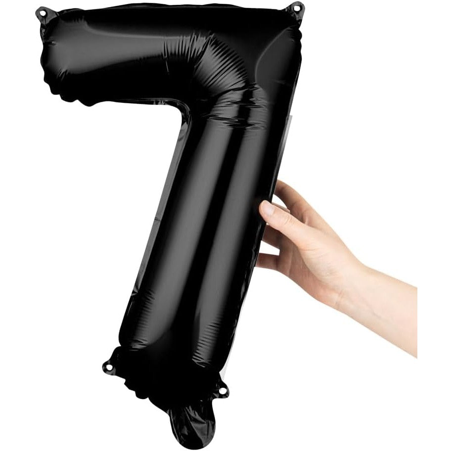 Balon din Folie Metalizata, Figurina Cifra, Tema Aniversare 40 cm, Ambalaj Individual, Pai inclus, Umflare cu Aer sau Heliu, Negru, Cifra 7
