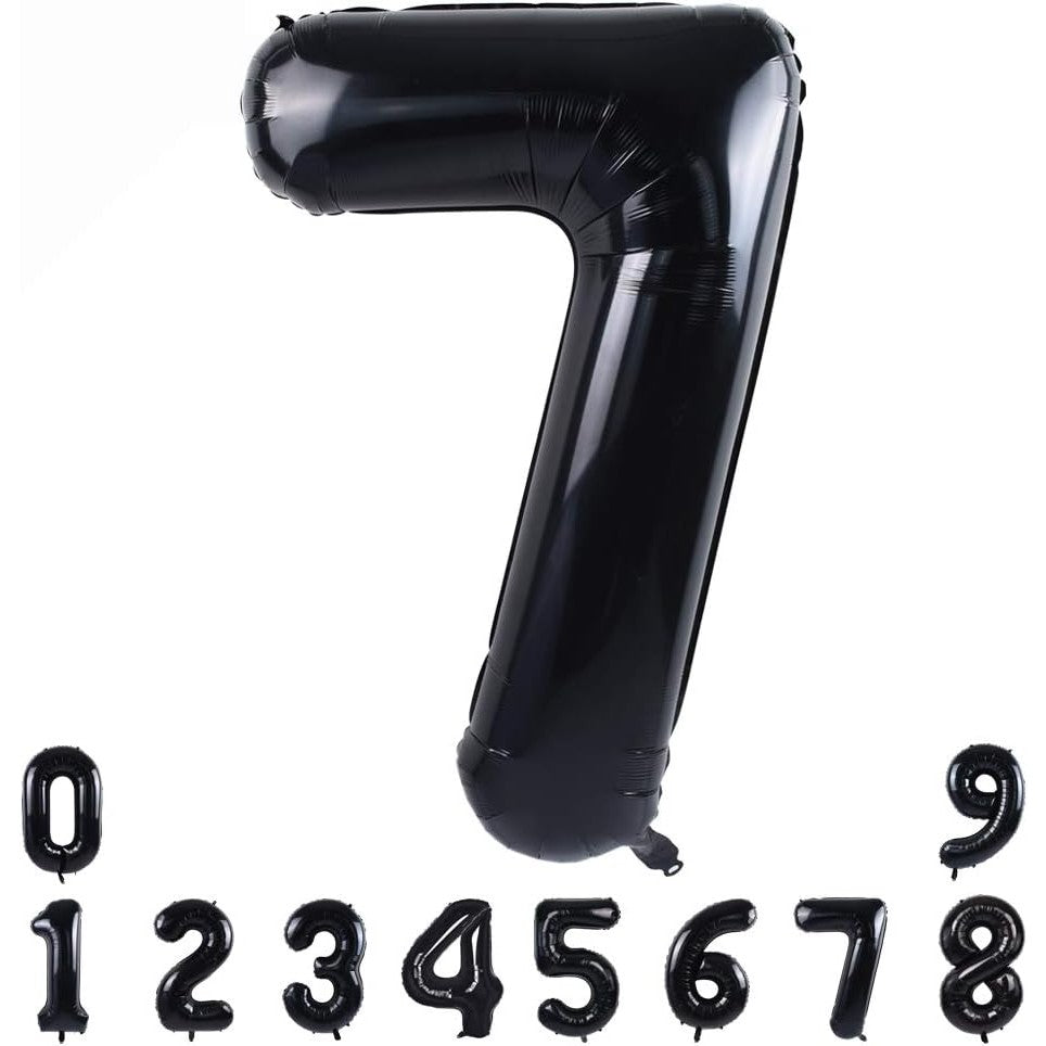 Balon din Folie Metalizata, Figurina Cifra, Tema Aniversare 40 cm, Ambalaj Individual, Pai inclus, Umflare cu Aer sau Heliu, Negru, Cifra 7