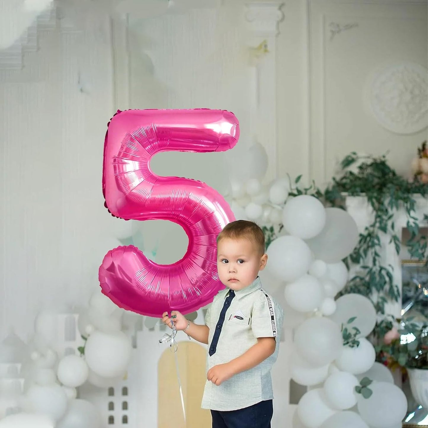 Balon din Folie Metalizata, Figurina Cifra, Tema Aniversare 40 cm, Ambalaj Individual, Pai inclus, Umflare cu Aer sau Heliu, Roz, Cifra 5