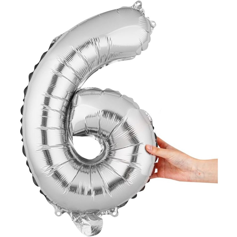 Balon din Folie Metalizata, Figurina Cifra, Tema Aniversare 40 cm, Ambalaj Individual, Pai inclus, Umflare cu Aer sau Heliu, Argintiu, Cifra 6