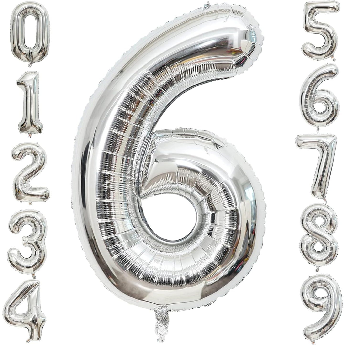 Balon din Folie Metalizata, Figurina Cifra, Tema Aniversare 40 cm, Ambalaj Individual, Pai inclus, Umflare cu Aer sau Heliu, Argintiu, Cifra 6
