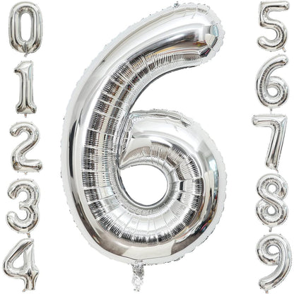 Balon din Folie Metalizata, Figurina Cifra, Tema Aniversare 40 cm, Ambalaj Individual, Pai inclus, Umflare cu Aer sau Heliu, Argintiu, Cifra 6