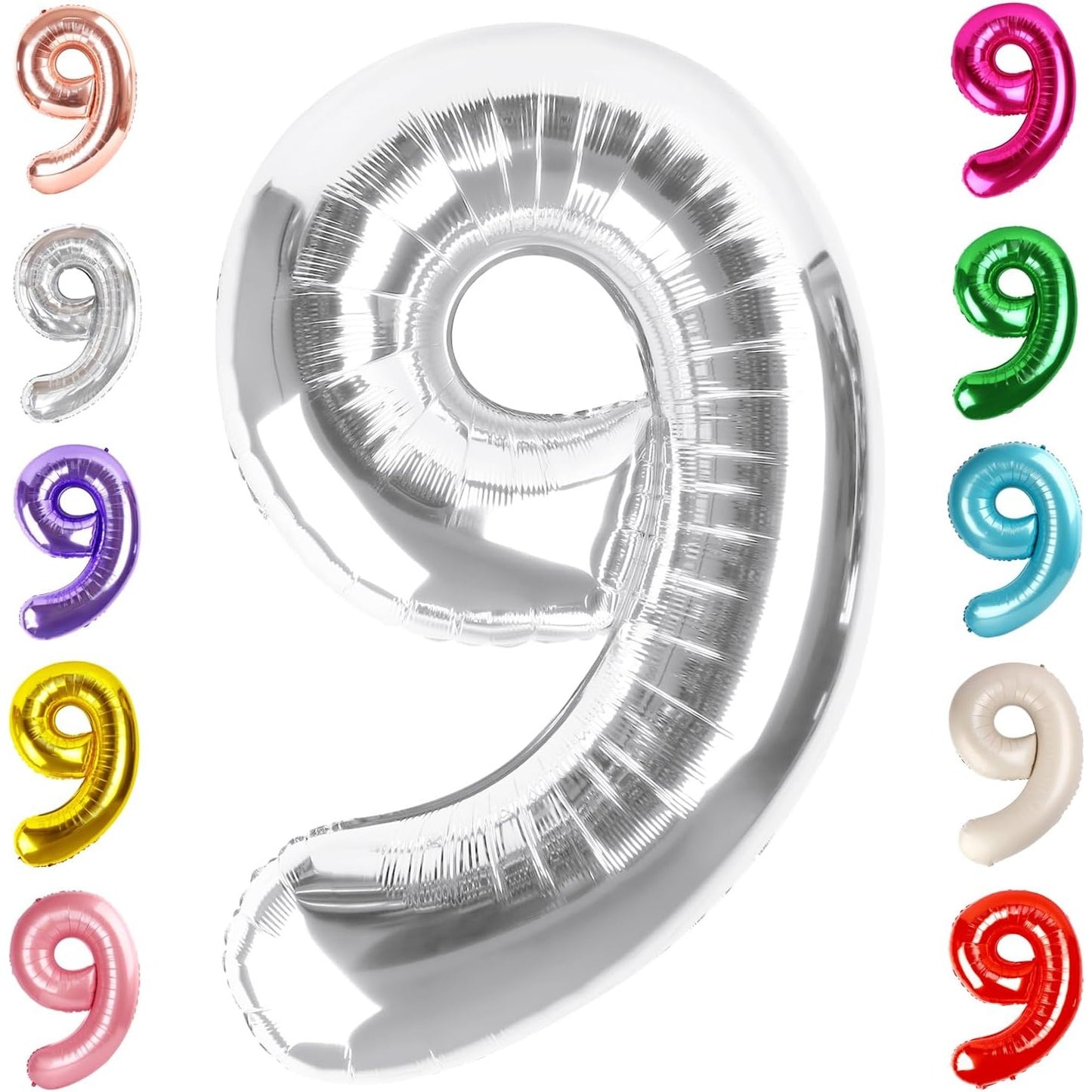 Balon din Folie Metalizata, Figurina Cifra, Tema Aniversare 40 cm, Ambalaj Individual, Pai inclus, Umflare cu Aer sau Heliu, Argintiu, Cifra 9