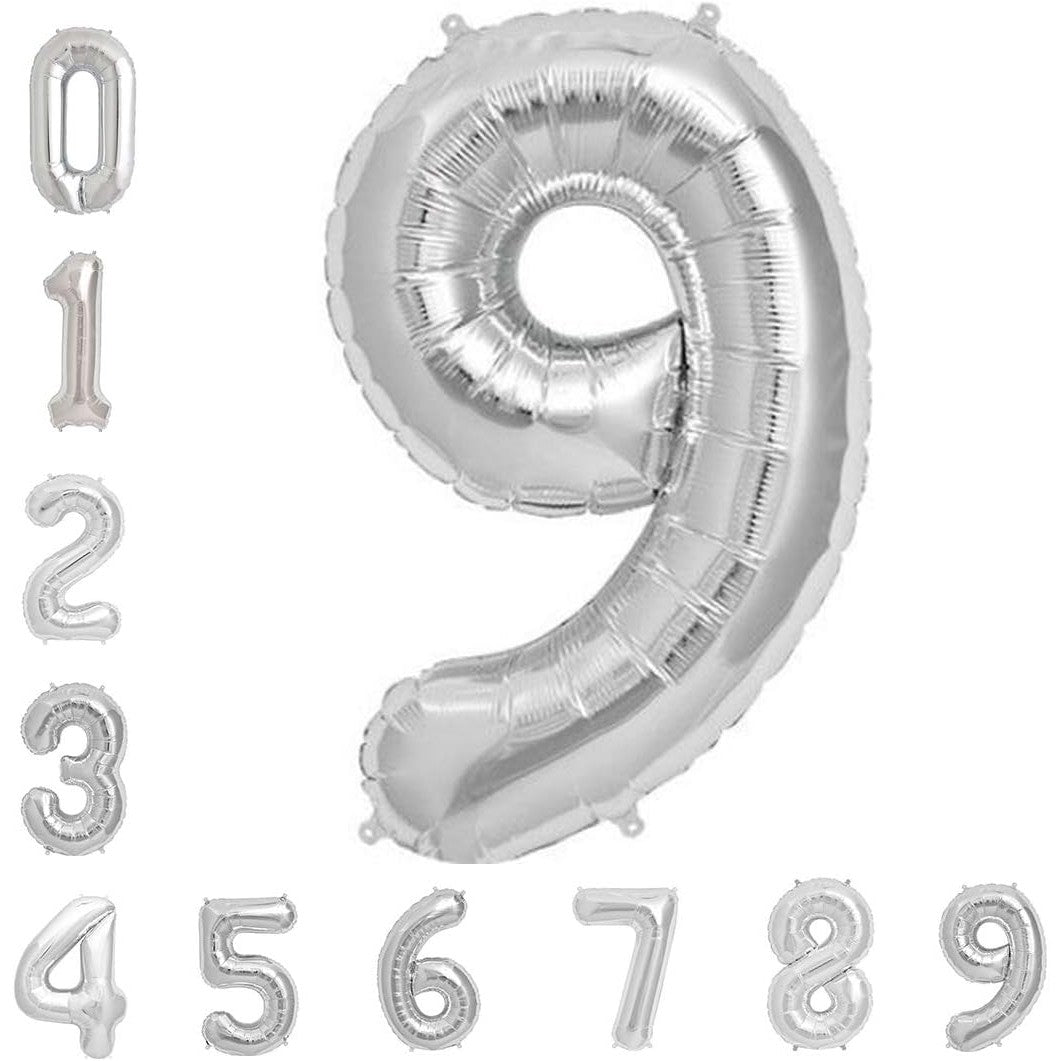 Balon din Folie Metalizata, Figurina Cifra, Tema Aniversare 40 cm, Ambalaj Individual, Pai inclus, Umflare cu Aer sau Heliu, Argintiu, Cifra 9