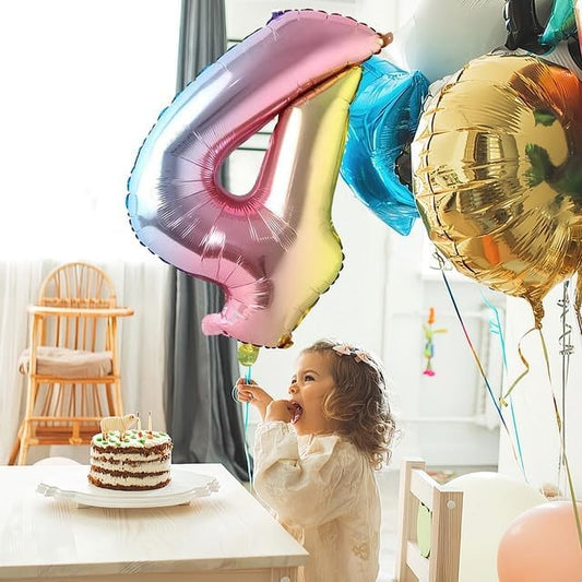 Balon din Folie Metalizata, Figurina Cifra, Tema Aniversare 40 cm, Ambalaj Individual, Pai inclus, Umflare cu Aer sau Heliu, Multicolor, Cifra 4