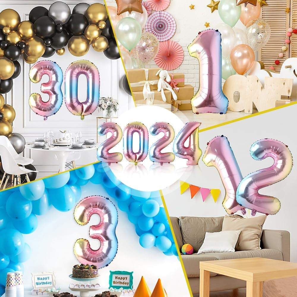 Balon din Folie Metalizata, Figurina Cifra, Tema Aniversare 40 cm, Ambalaj Individual, Pai inclus, Umflare cu Aer sau Heliu, Multicolor, Cifra 4