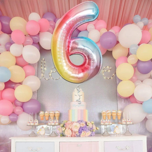 Balon din Folie Metalizata, Figurina Cifra, Tema Aniversare 40 cm, Ambalaj Individual, Pai inclus, Umflare cu Aer sau Heliu, Multicolor, Cifra 6