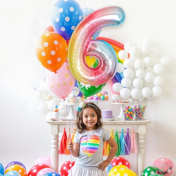 Balon din Folie Metalizata, Figurina Cifra, Tema Aniversare 40 cm, Ambalaj Individual, Pai inclus, Umflare cu Aer sau Heliu, Multicolor, Cifra 6