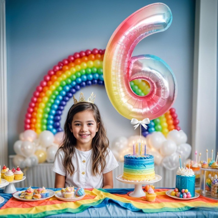 Balon din Folie Metalizata, Figurina Cifra, Tema Aniversare 40 cm, Ambalaj Individual, Pai inclus, Umflare cu Aer sau Heliu, Multicolor, Cifra 6