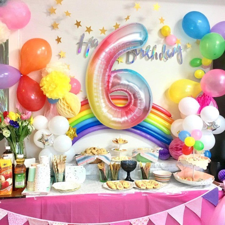 Balon din Folie Metalizata, Figurina Cifra, Tema Aniversare 40 cm, Ambalaj Individual, Pai inclus, Umflare cu Aer sau Heliu, Multicolor, Cifra 6