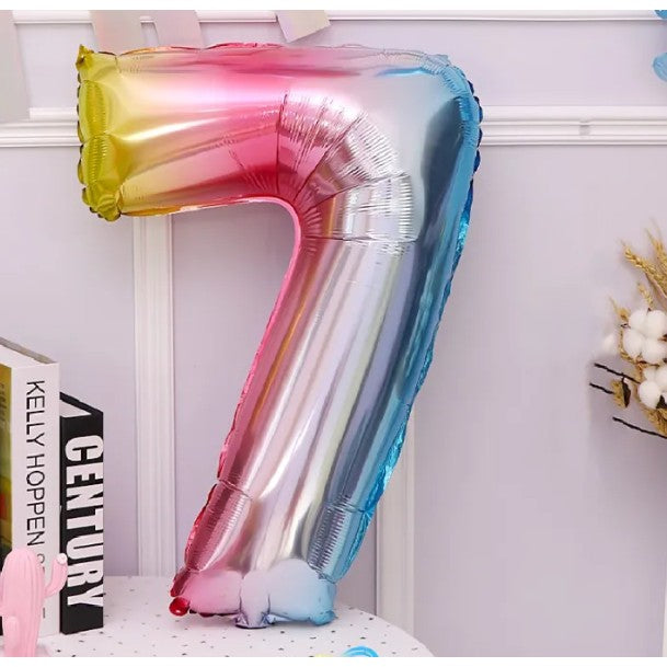 Balon din Folie Metalizata, Figurina Cifra, Tema Aniversare 40 cm, Ambalaj Individual, Pai inclus, Umflare cu Aer sau Heliu, Multicolor, Cifra 7