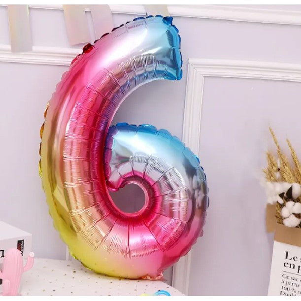 Balon din Folie Metalizata, Figurina Cifra, Tema Aniversare 40 cm, Ambalaj Individual, Pai inclus, Umflare cu Aer sau Heliu, Multicolor, Cifra 6
