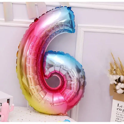 Balon din Folie Metalizata, Figurina Cifra, Tema Aniversare 40 cm, Ambalaj Individual, Pai inclus, Umflare cu Aer sau Heliu, Multicolor, Cifra 6