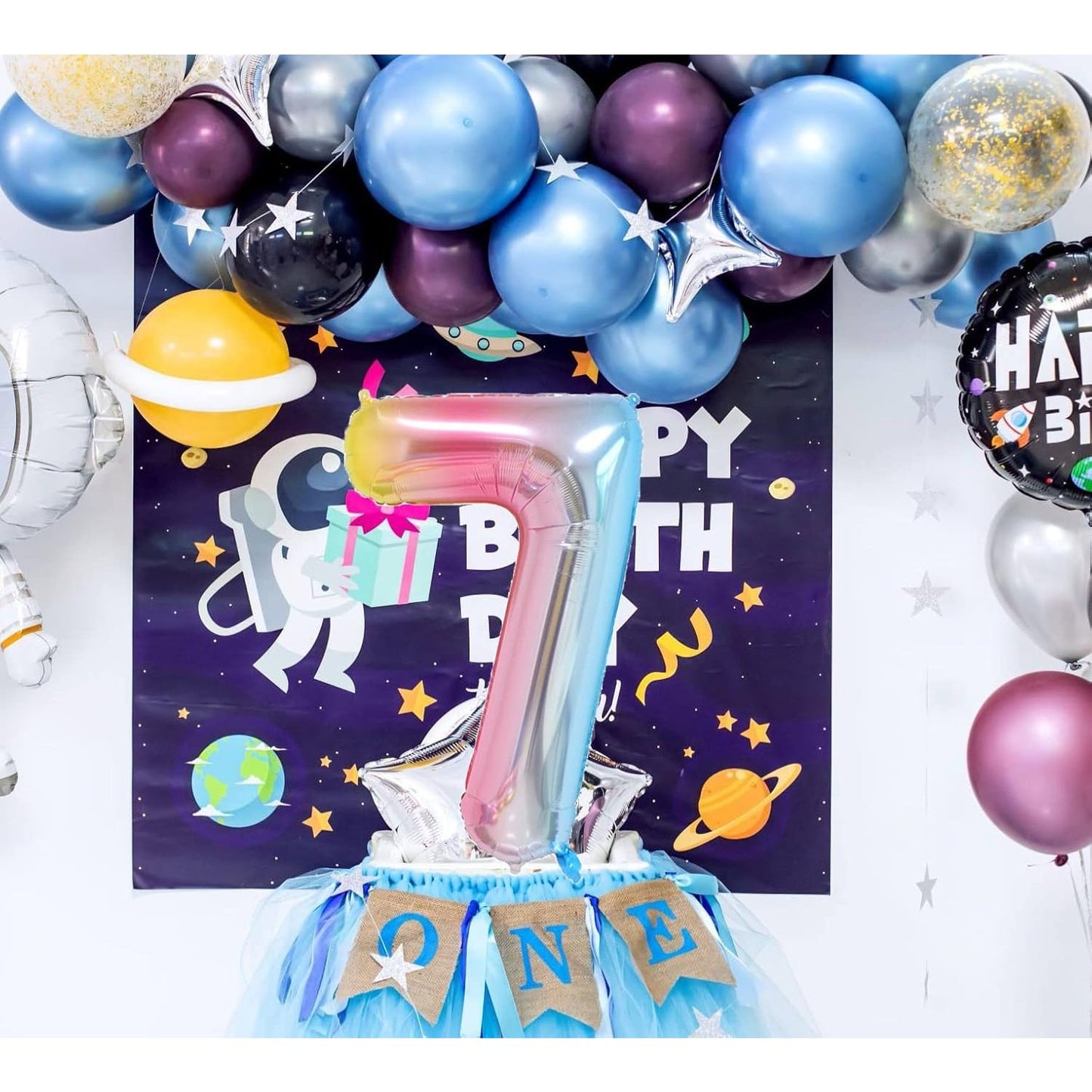 Balon din Folie Metalizata, Figurina Cifra, Tema Aniversare 40 cm, Ambalaj Individual, Pai inclus, Umflare cu Aer sau Heliu, Multicolor, Cifra 7