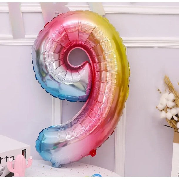 Balon din Folie Metalizata, Figurina Cifra, Tema Aniversare 40 cm, Ambalaj Individual, Pai inclus, Umflare cu Aer sau Heliu, Multicolor, Cifra 9