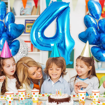 Balon din Folie Metalizata, Figurina Cifra, Tema Aniversare 40 cm, Ambalaj Individual, Pai inclus, Umflare cu Aer sau Heliu, Albastru, Cifra 4