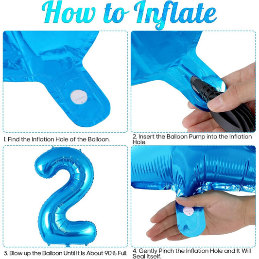 Balon din Folie Metalizata, Figurina Cifra, Tema Aniversare 40 cm, Ambalaj Individual, Pai inclus, Umflare cu Aer sau Heliu, Albastru, Cifra 2