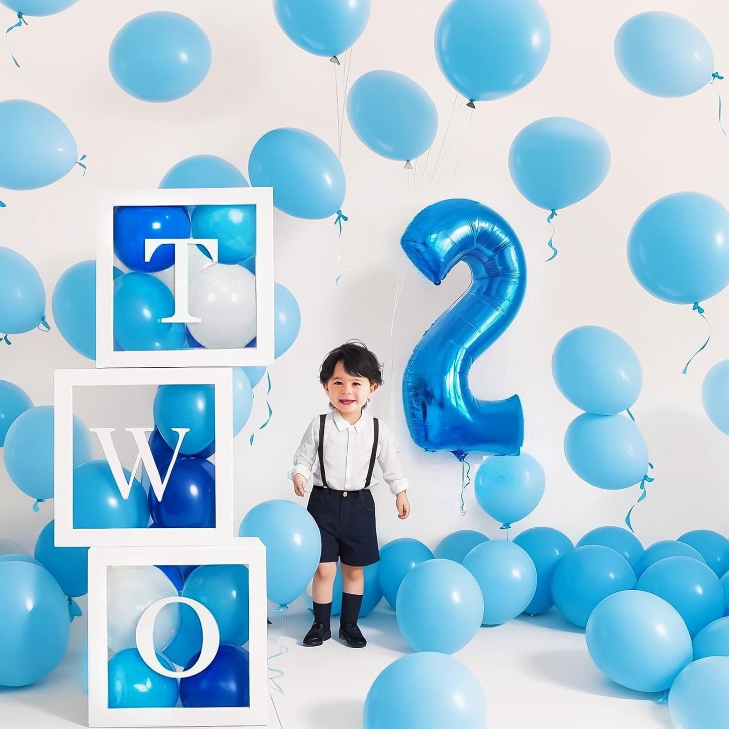 Balon din Folie Metalizata, Figurina Cifra, Tema Aniversare 40 cm, Ambalaj Individual, Pai inclus, Umflare cu Aer sau Heliu, Albastru, Cifra 2