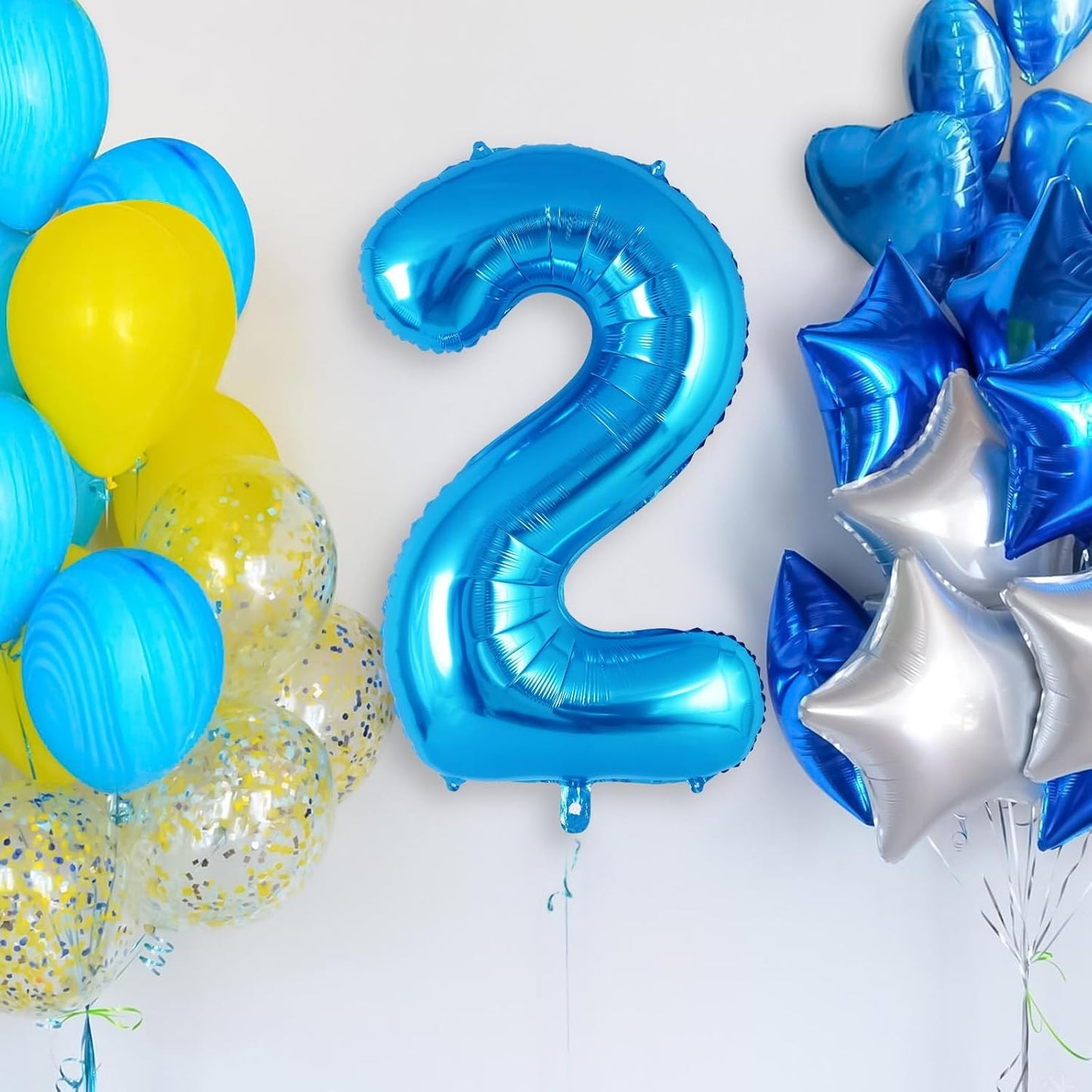Balon din Folie Metalizata, Figurina Cifra, Tema Aniversare 40 cm, Ambalaj Individual, Pai inclus, Umflare cu Aer sau Heliu, Albastru, Cifra 2