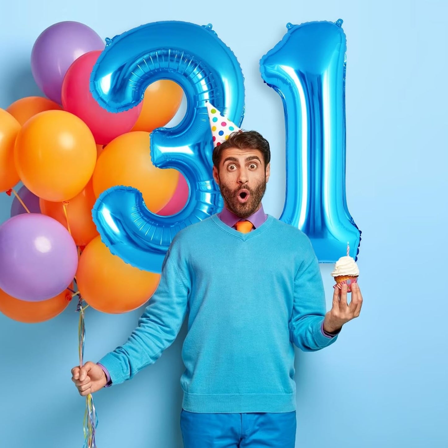 Balon din Folie Metalizata, Figurina Cifra, Tema Aniversare 40 cm, Ambalaj Individual, Pai inclus, Umflare cu Aer sau Heliu, Albastru, Cifra 1