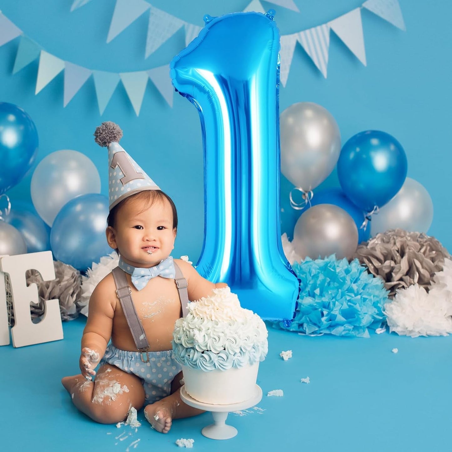 Balon din Folie Metalizata, Figurina Cifra, Tema Aniversare 40 cm, Ambalaj Individual, Pai inclus, Umflare cu Aer sau Heliu, Albastru, Cifra 1