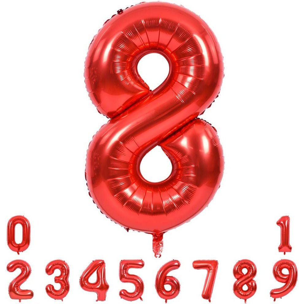 Balon din Folie Metalizata, Figurina Cifra, Tema Aniversare 40 cm, Ambalaj Individual, Pai inclus, Umflare cu Aer sau Heliu, Rosu, Cifra 8